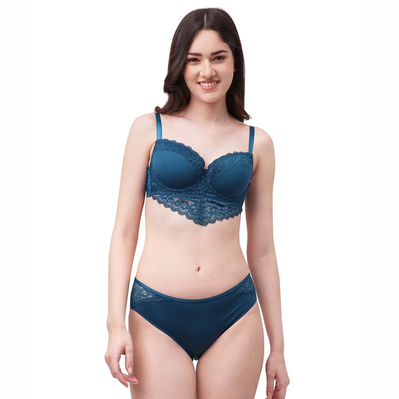 SOIE Women's Semi Coverage Padded Wired Lace Demi Cup Bra with Lacy Brief Blue (Set of 2) (32B)